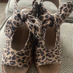 Bernardo Leopard-Print Peep-Toe Wedge Sandals in Tan and Black